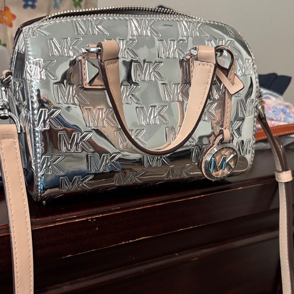 Michael Kors Handbags - Michael Kors Silver Metallic Mini Satchel with Beige Trim